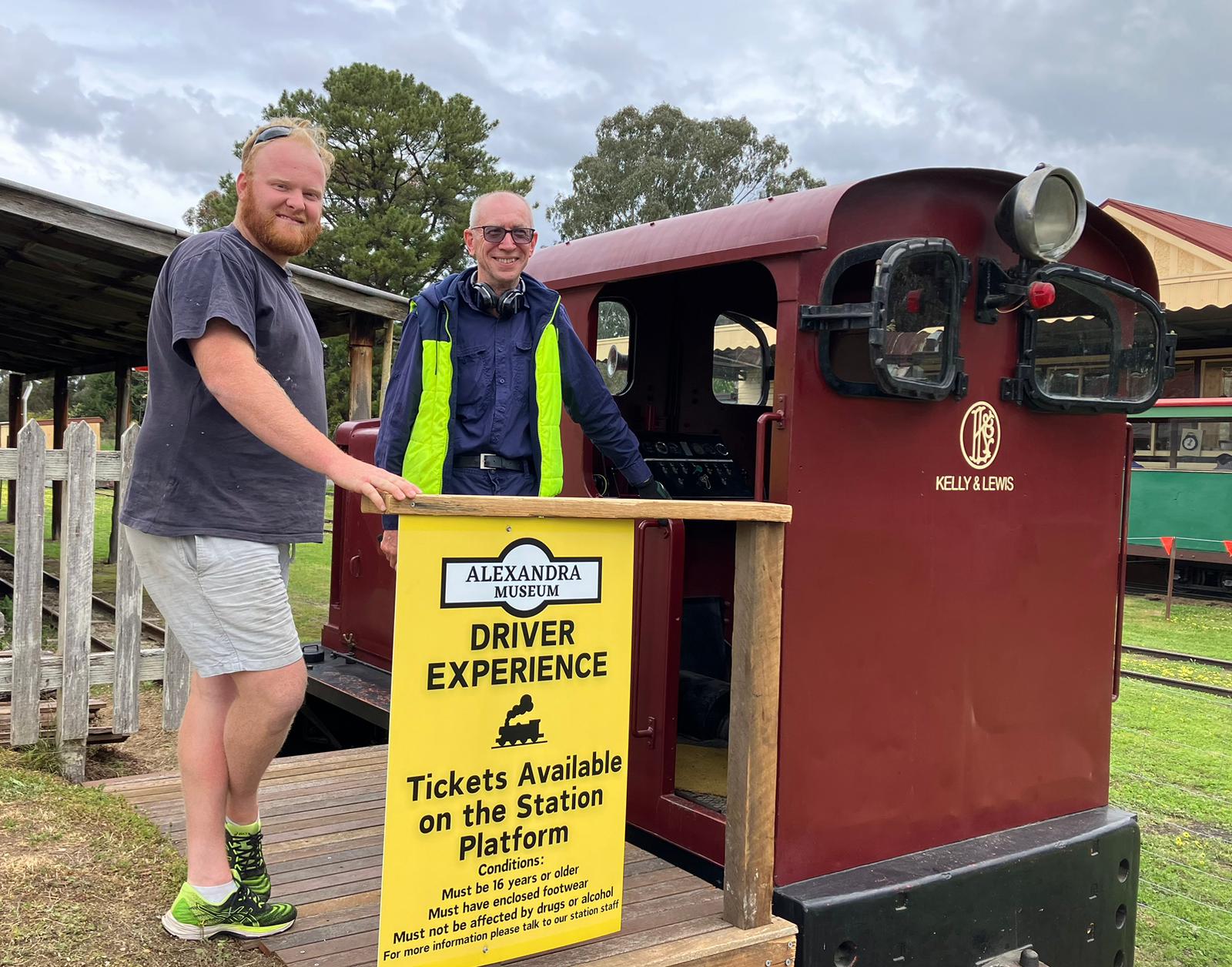 Volunteers on the driver experience locomotive at Alexandra Museum