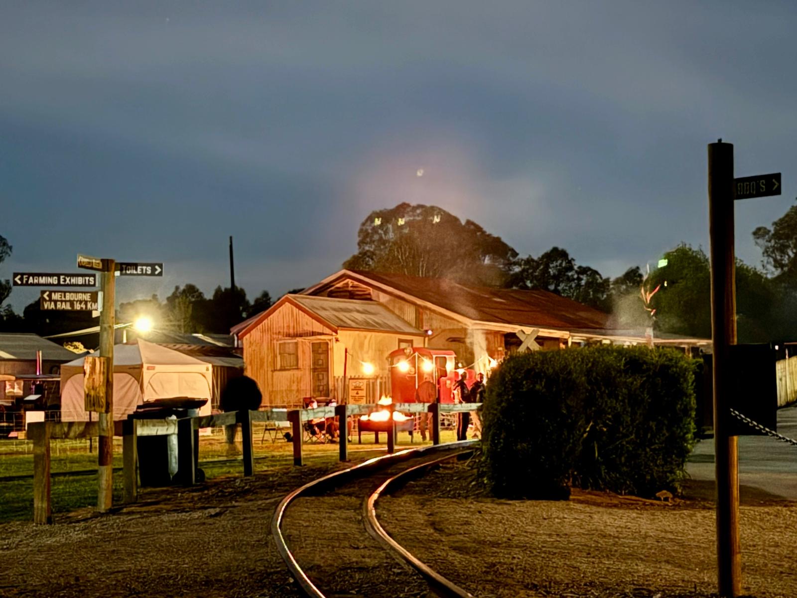 The station lit up for the night train